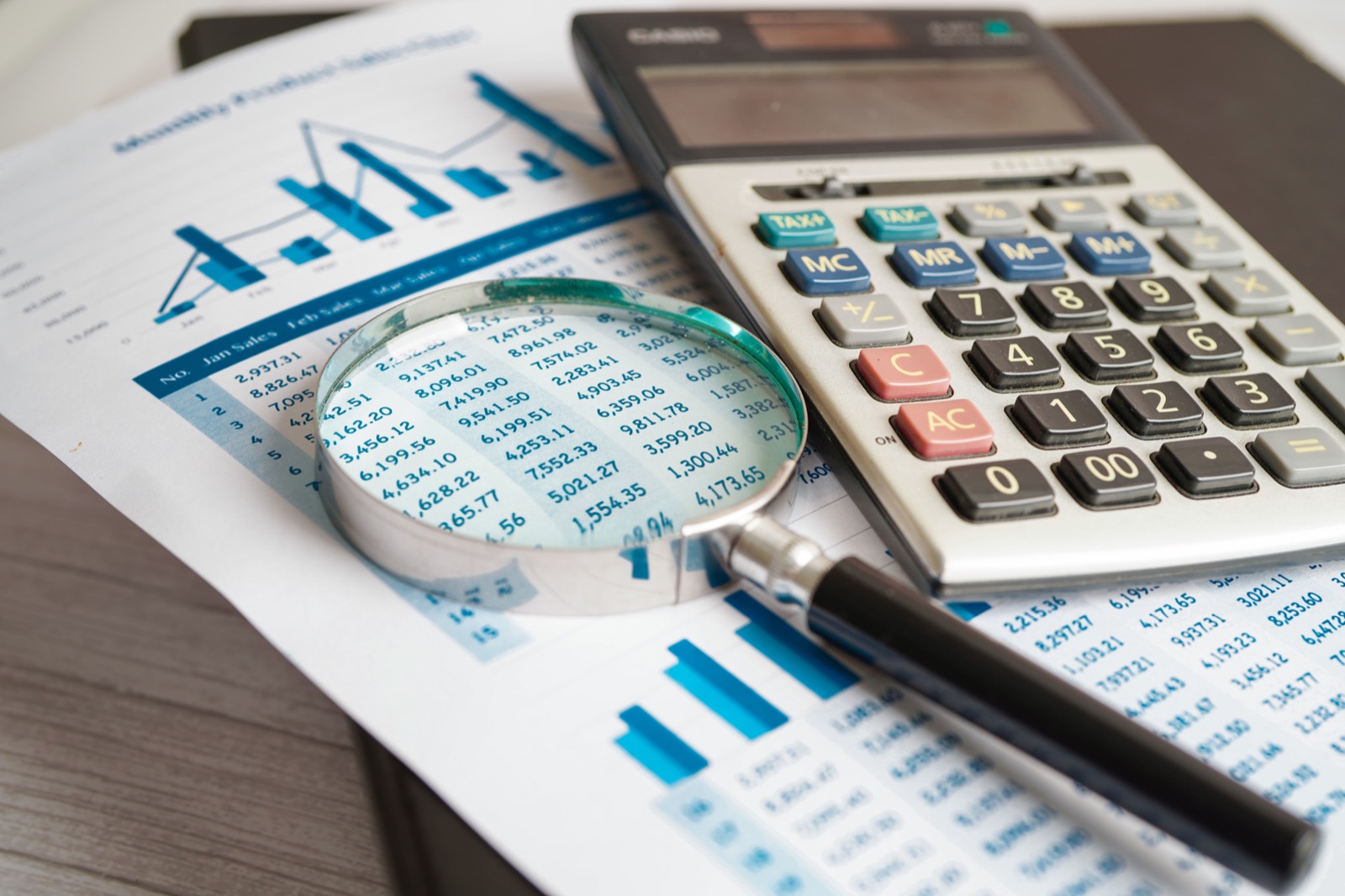Calculator and magnifying glass on financial charts